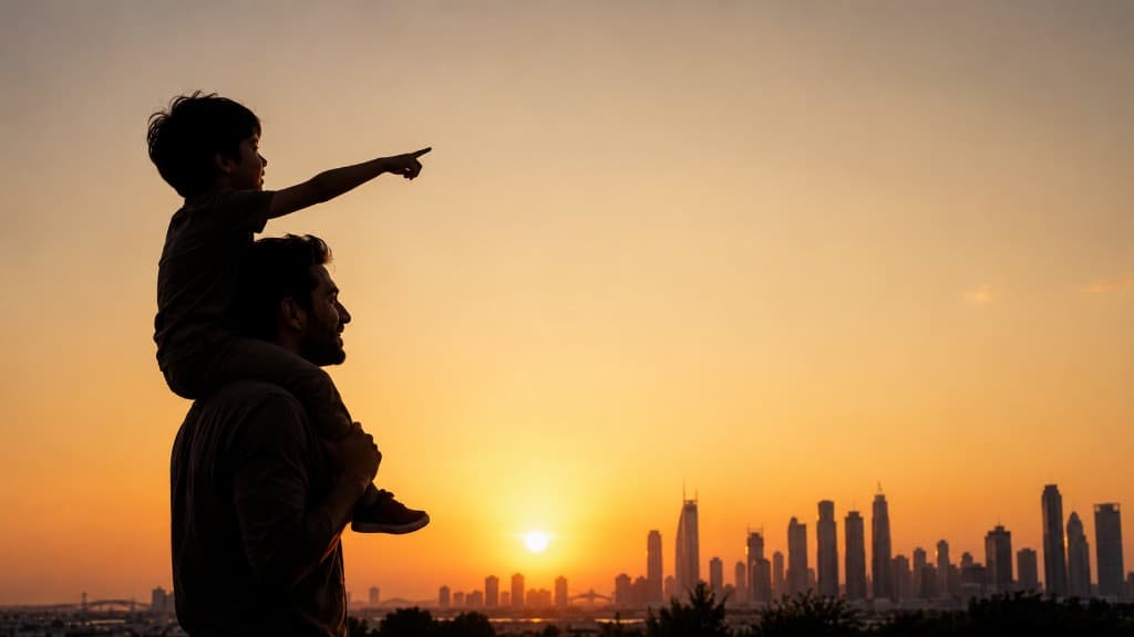 Father carrying his child at sunset, looking toward the city skyline